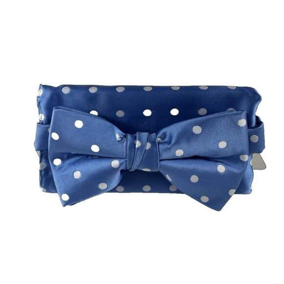 Stacy Adams Men's Bow Tie Hanky Set Powder Blue White Polka Dot Pretied Handmade - Picture 4 of 4